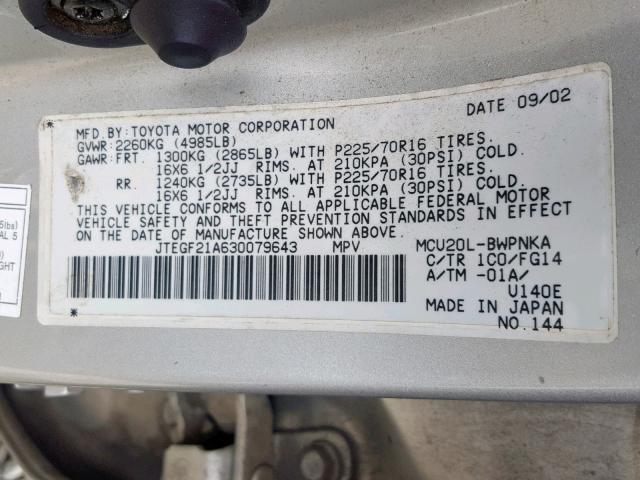 JTEGF21A630079643 - 2003 TOYOTA HIGHLANDER SILVER photo 10