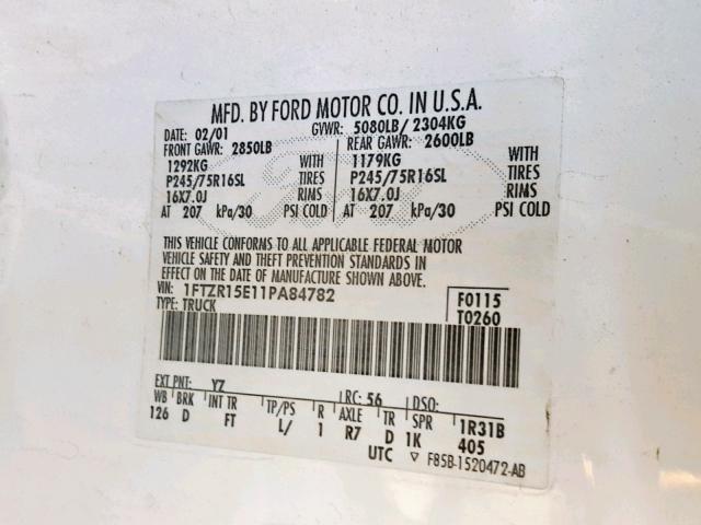 1FTZR15E11PA84782 - 2001 FORD RANGER SUP WHITE photo 10