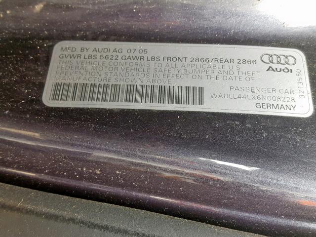 WAULL44EX6N008228 - 2006 AUDI A8 4.2 QUA CHARCOAL photo 10