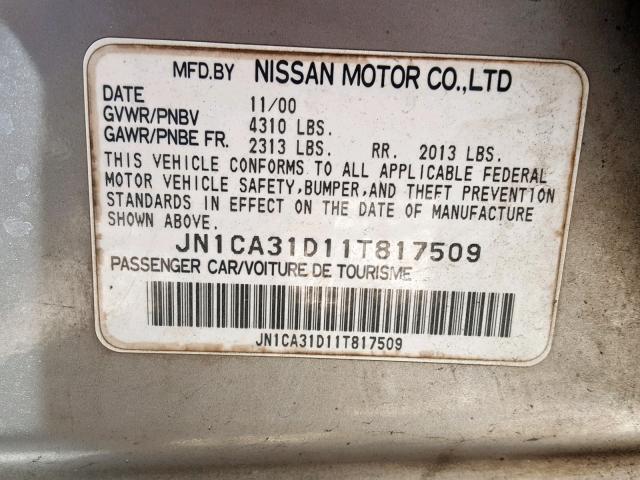 JN1CA31D11T817509 - 2001 NISSAN MAXIMA GXE GRAY photo 10