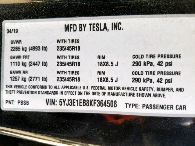 5YJ3E1EB8KF364508 - 2019 TESLA MODEL 3 BLACK photo 10