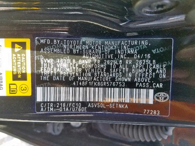 4T4BF1FK8GR576753 - 2016 TOYOTA CAMRY LE BLACK photo 10