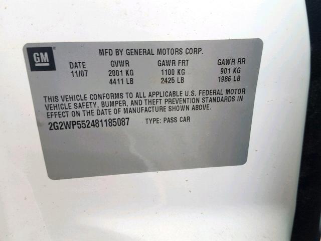 2G2WP552481185087 - 2008 PONTIAC GRAND PRIX WHITE photo 10