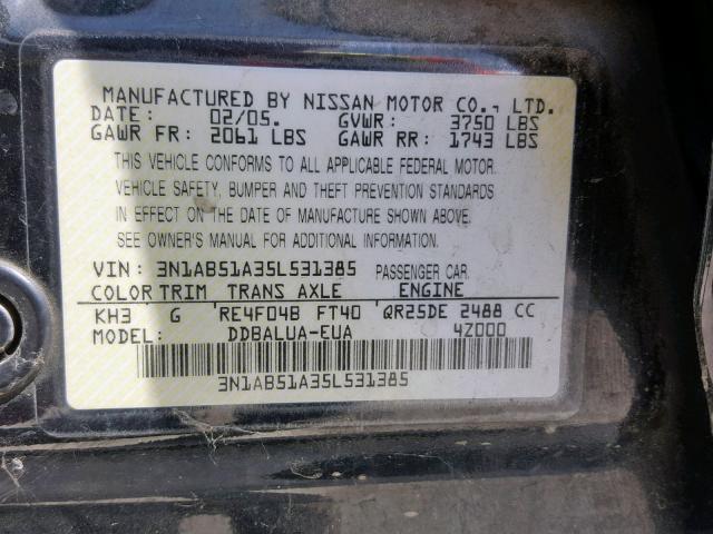 3N1AB51A35L531385 - 2005 NISSAN SENTRA SE- BLACK photo 10