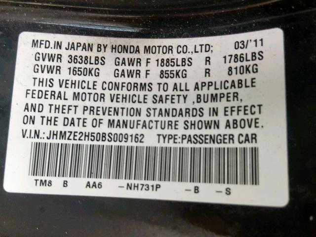 JHMZE2H50BS009162 - 2011 HONDA INSIGHT LX BLACK photo 10