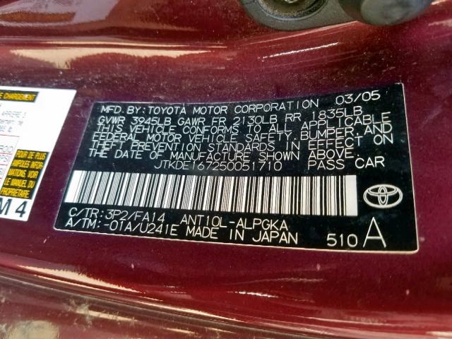 JTKDE167250051710 - 2005 TOYOTA SCION TC იასამნისფერი ფოტო 10