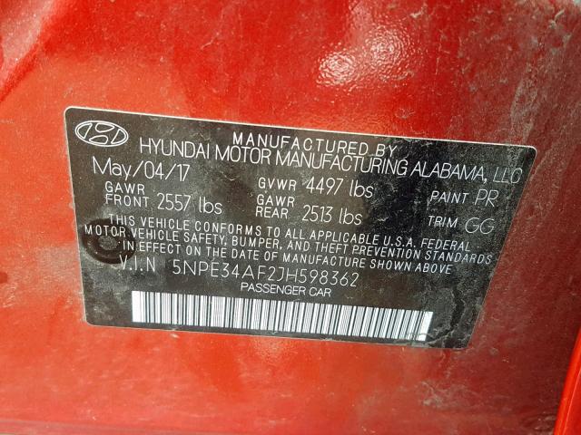 5NPE34AF2JH598362 - 2018 HYUNDAI SONATA SPO RED photo 10