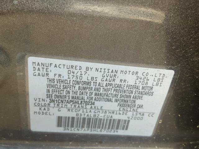 3N1CN7AP5HL870234 - 2017 NISSAN VERSA S GRAY photo 10