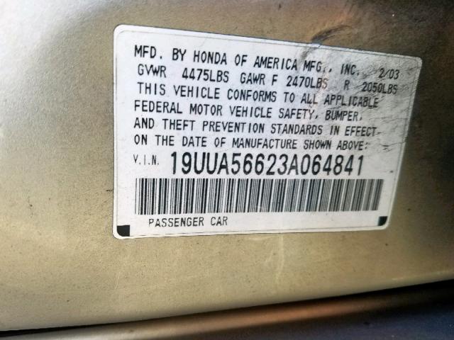 19UUA56623A064841 - 2003 ACURA 3.2TL GOLD photo 10