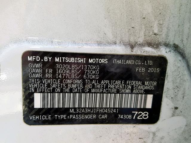 ML32A3HJ1FH045241 - 2015 MITSUBISHI MIRAGE DE WHITE photo 10