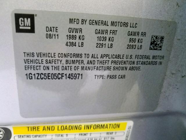 1G1ZC5E05CF145971 - 2012 CHEVROLET MALIBU 1LT 银色 照片 10