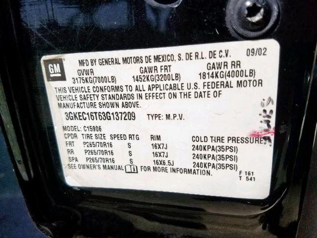 3GKEC16T63G137209 - 2003 GMC YUKON XL C BLACK photo 10