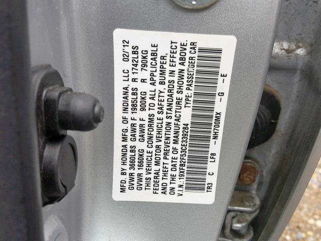 19XFB2F53CE339284 - 2012 HONDA CIVIC LX SILVER photo 10