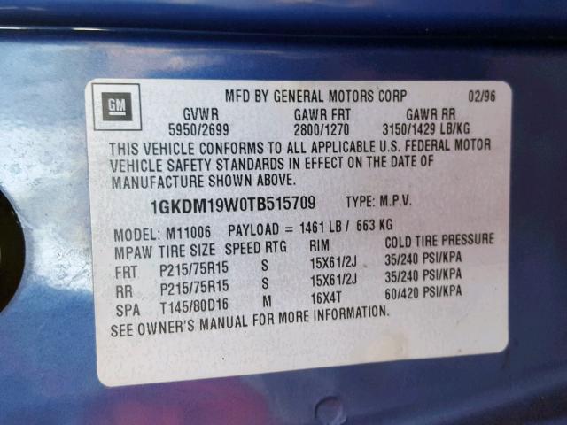 1GKDM19W0TB515709 - 1996 GMC SAFARI XT BLUE photo 10