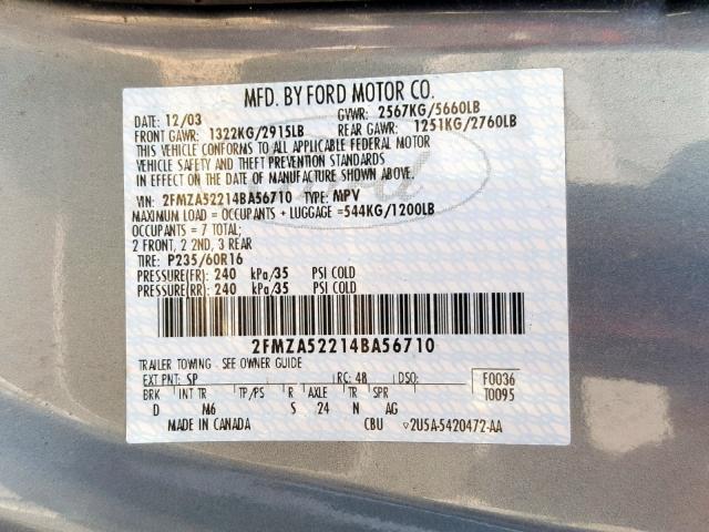 2FMZA52214BA56710 - 2004 FORD FREESTAR S BLUE photo 10