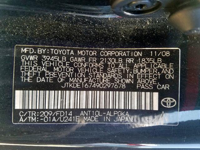 JTKDE167490297678 - 2009 TOYOTA SCION TC BLACK photo 10
