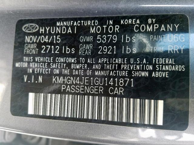 KMHGN4JE1GU141871 - 2016 HYUNDAI GENESIS 3. GRAY photo 10