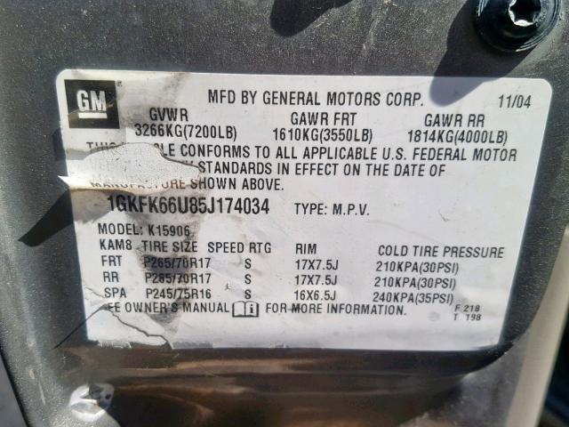 1GKFK66U85J174034 - 2005 GMC YUKON XL D GRAY photo 10