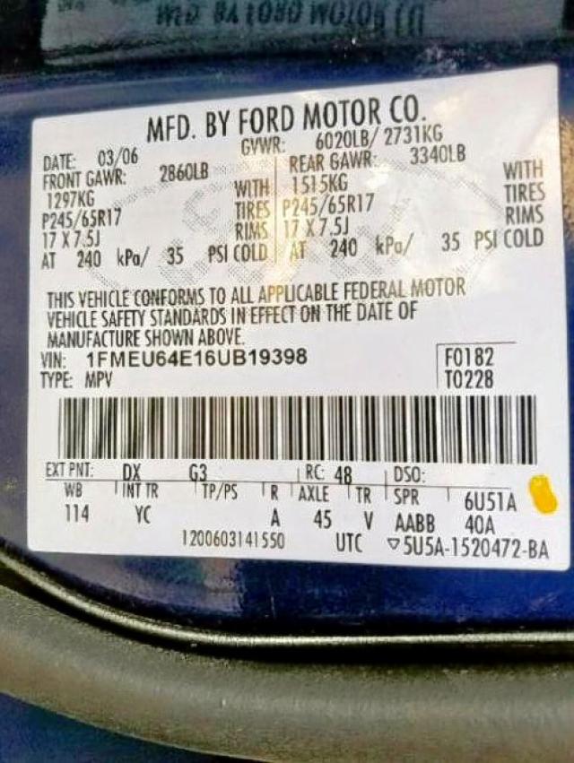 1FMEU64E16UB19398 - 2006 FORD EXPLORER E BLUE photo 10