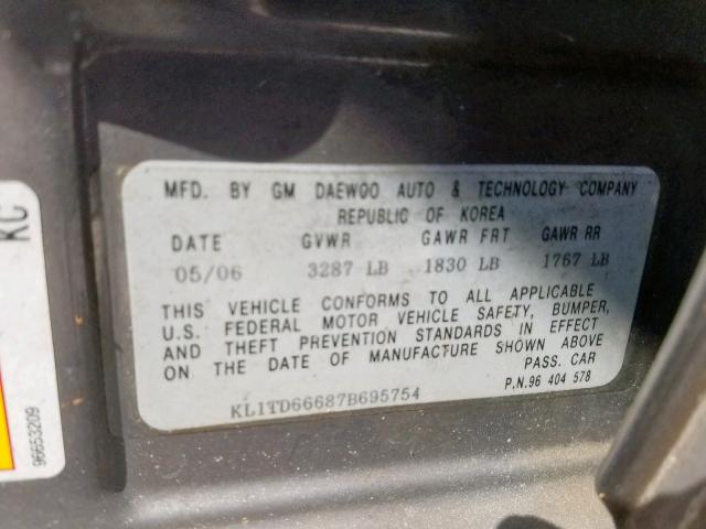 KL1TD66687B695754 - 2007 CHEVROLET AVEO Сұр фото 10