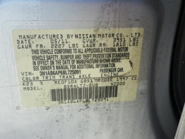 3N1AB6AP6BL725091 - 2011 NISSAN SENTRA 2.0 SILVER photo 10