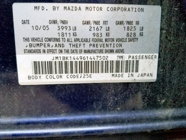 JM1BK144961447502 - 2006 MAZDA 3 HATCHBAC BLUE photo 10