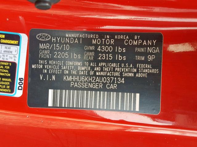 KMHHU6KH2AU037134 - 2010 HYUNDAI GENESIS CO RED photo 10