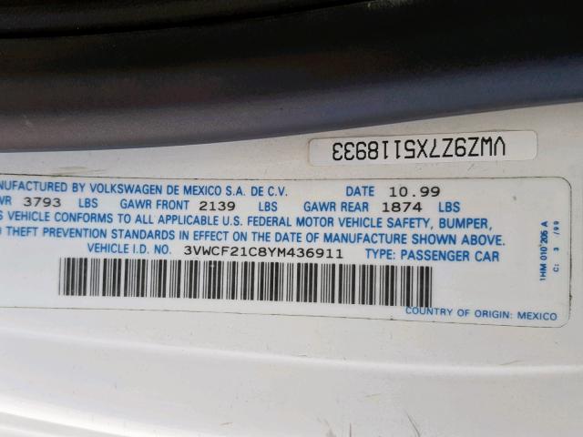 3VWCF21C8YM436911 - 2000 VOLKSWAGEN NEW BEETLE თეთრი ფოტო 10