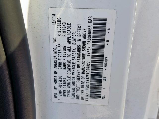 1HGCT1B82FA006027 - 2015 HONDA ACCORD EXL WHITE photo 10