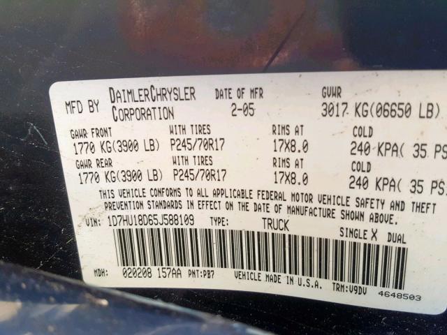 1D7HU18D65J588109 - 2005 DODGE RAM 1500 S BLUE photo 10