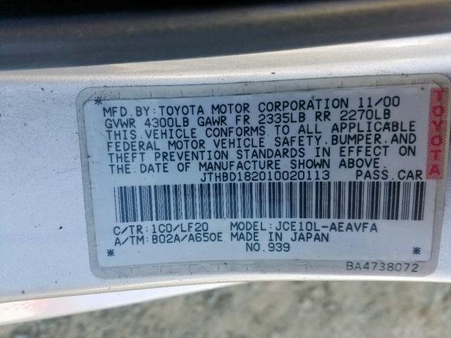 JTHBD182010020113 - 2001 LEXUS IS 300 GRAY photo 10