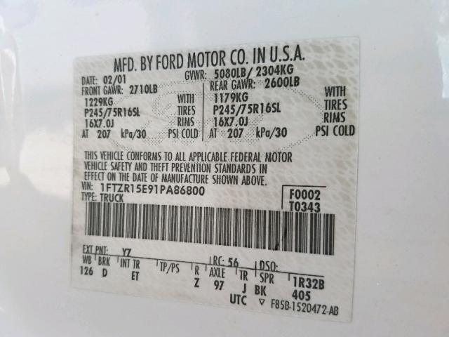 1FTZR15E91PA86800 - 2001 FORD RANGER SUP WHITE photo 10