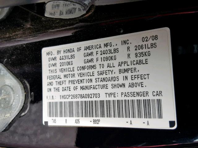 1HGCP26878A092703 - 2008 HONDA ACCORD EXL BLACK photo 10