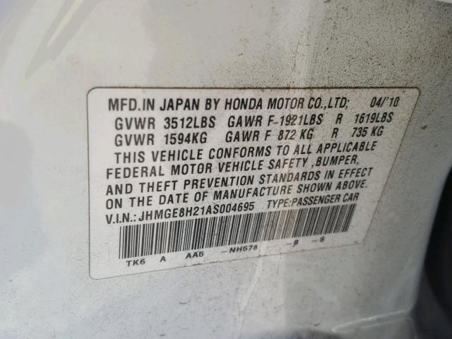 JHMGE8H21AS004695 - 2010 HONDA FIT WHITE photo 10