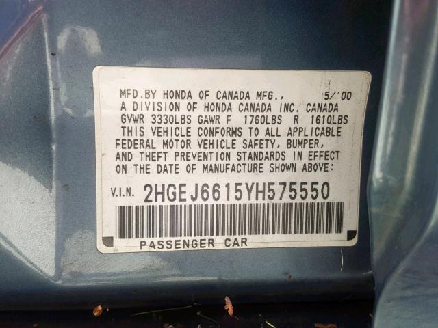 2HGEJ6615YH575550 - 2000 HONDA CIVIC BASE Mavi foto 10