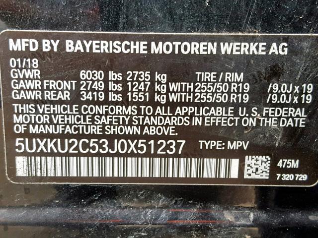5UXKU2C53J0X51237 - 2018 BMW X6 XDRIVE3 BLACK photo 10
