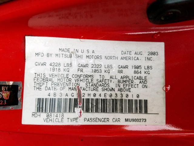 4B3AG52H04E033010 - 2004 DODGE STRATUS R/ RED photo 10