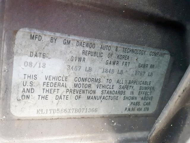 KL1TD566X7B071366 - 2007 CHEVROLET AVEO BASE Boz foto 10