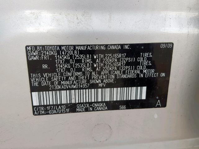 2T3DK4DV4AW014957 - 2010 TOYOTA RAV4 LIMIT SILVER photo 10