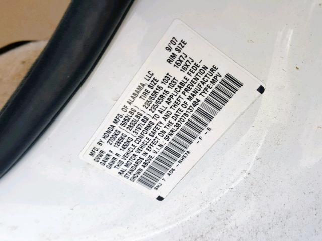 5FNRL38707B137484 - 2007 HONDA ODYSSEY EX WHITE photo 10