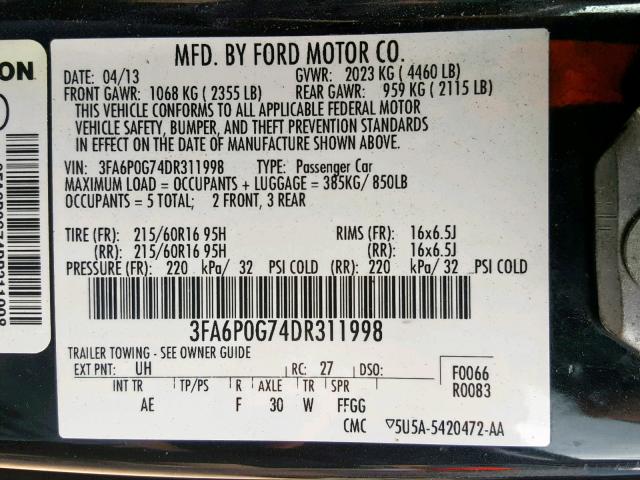 3FA6P0G74DR311998 - 2013 FORD FUSION S RED photo 10