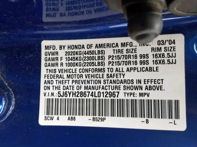 5J6YH28674L012967 - 2004 HONDA ELEMENT EX BLUE photo 10