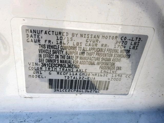 3N1CE2CP8GL362760 - 2016 NISSAN VERSA NOTE WHITE photo 10