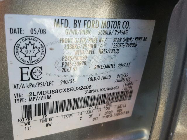 2LMDU88CX8BJ32406 - 2008 LINCOLN MKX GRAY photo 10