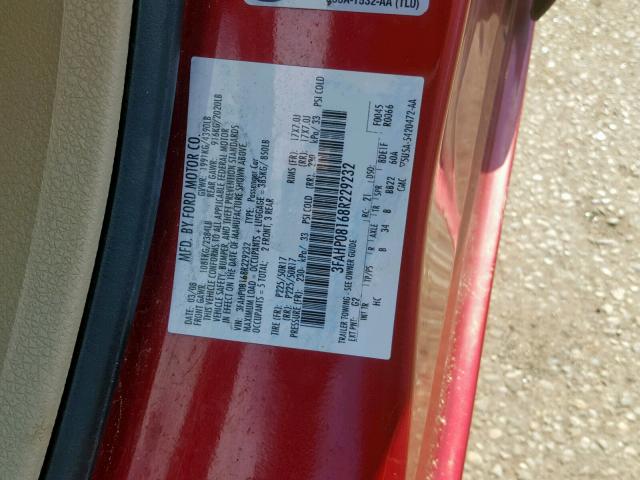 3FAHP08168R229232 - 2008 FORD FUSION SEL RED photo 10