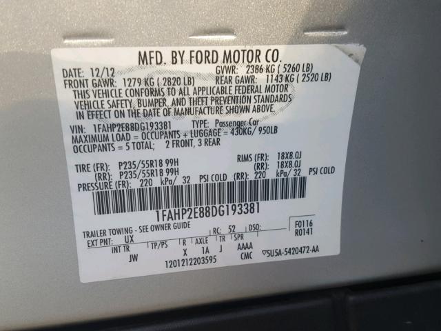 1FAHP2E88DG193381 - 2013 FORD TAURUS SEL SILVER photo 10