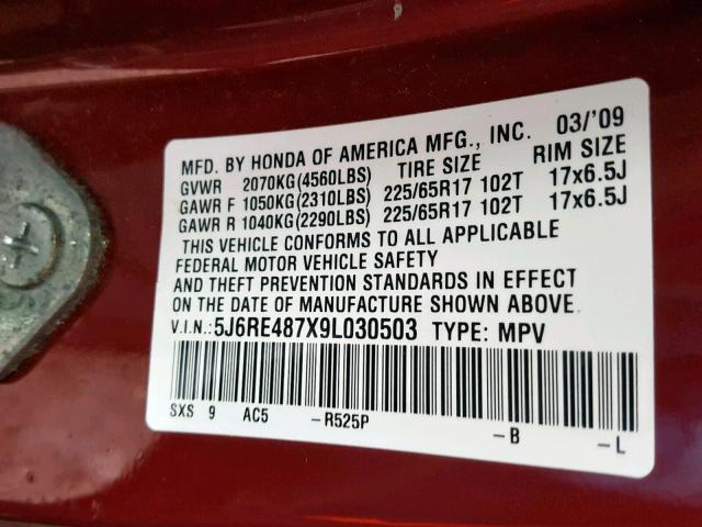 5J6RE487X9L030503 - 2009 HONDA CR-V EXL RED photo 10