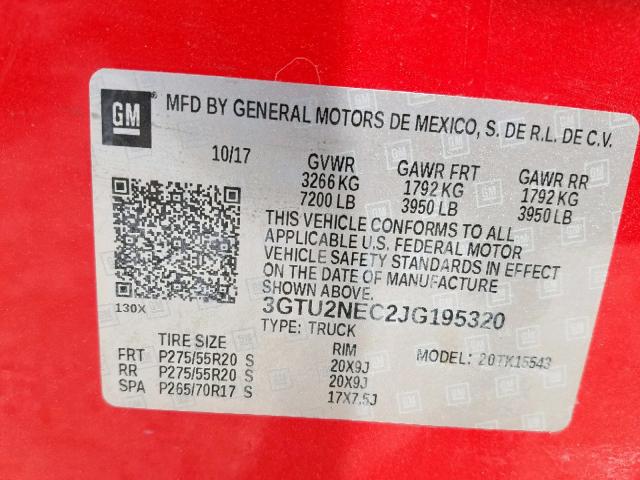 3GTU2NEC2JG195320 - 2018 GMC SIERRA K15 RED photo 10