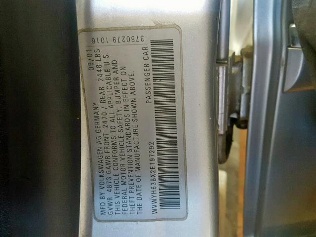 WVWYH63BX2E197292 - 2002 VOLKSWAGEN PASSAT GLX 银色 照片 10
