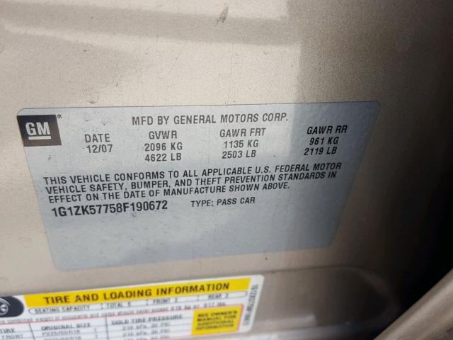 1G1ZK57758F190672 - 2008 CHEVROLET MALIBU LTZ 棕色 照片 10